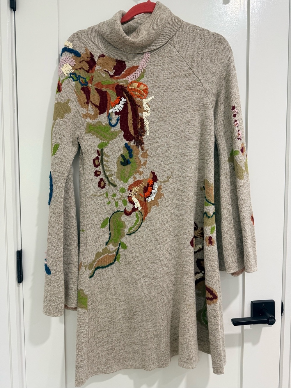 Anthropologie sz M Beige Turtleneck Long-Sleeve Knit Dress with Embroidery